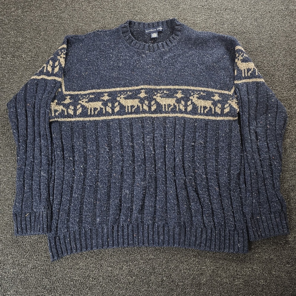 Vintage Northern Isles Sweater Mens XL Made‎ in USA Waffle Knit Wool Blend Deer